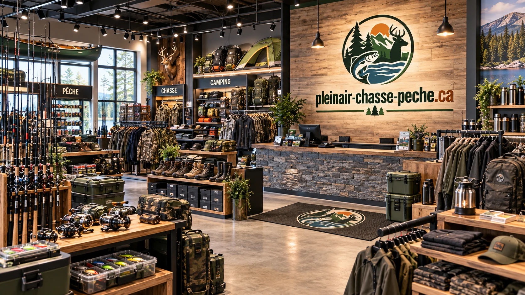 Intérieur du magasin : rayons de pêche, de chasse et de camping sous éclairage sur rail