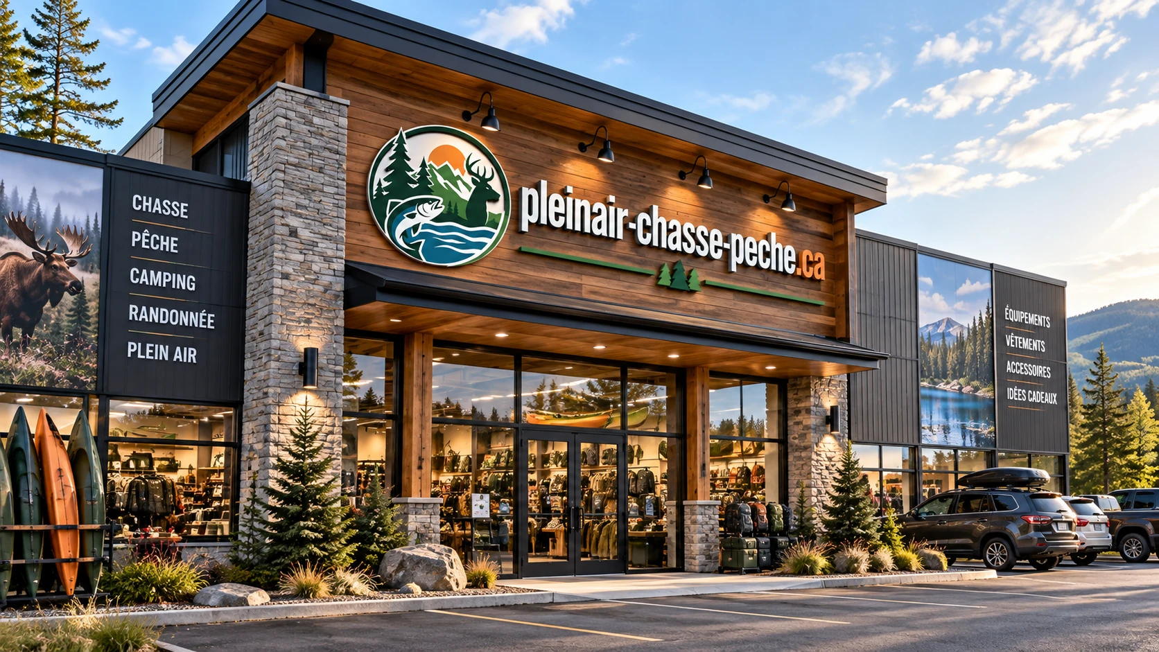 Façade du magasin en bois et pierre, enseigne éclairée et stationnement