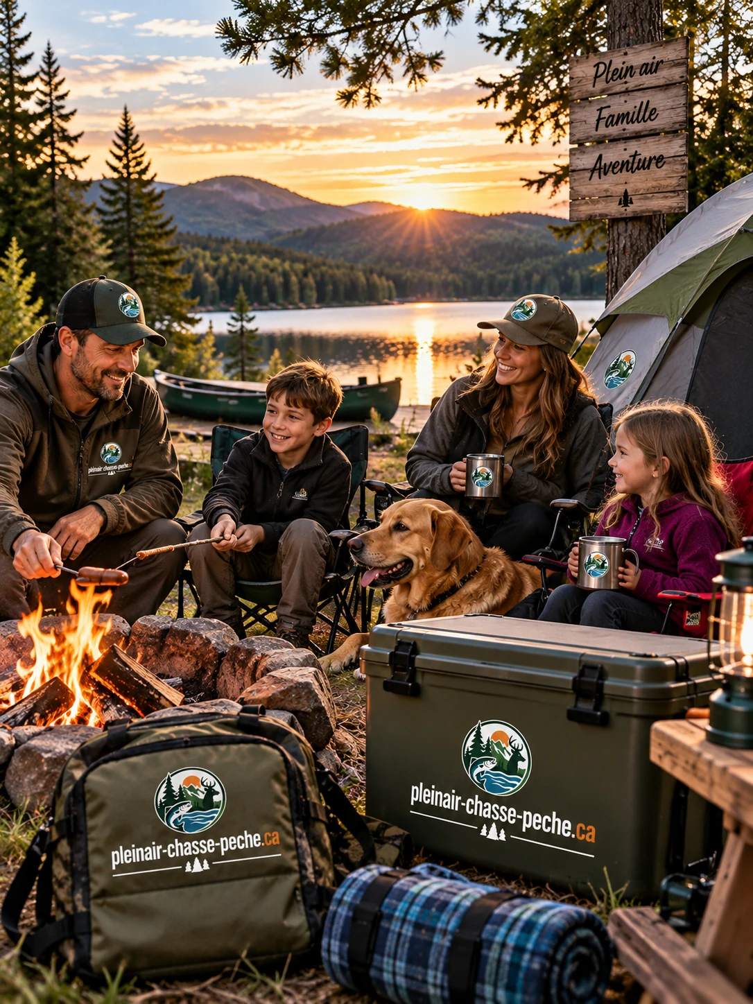 Famille autour d'un feu de camp au bord d'un lac, tente et glacière à proximité